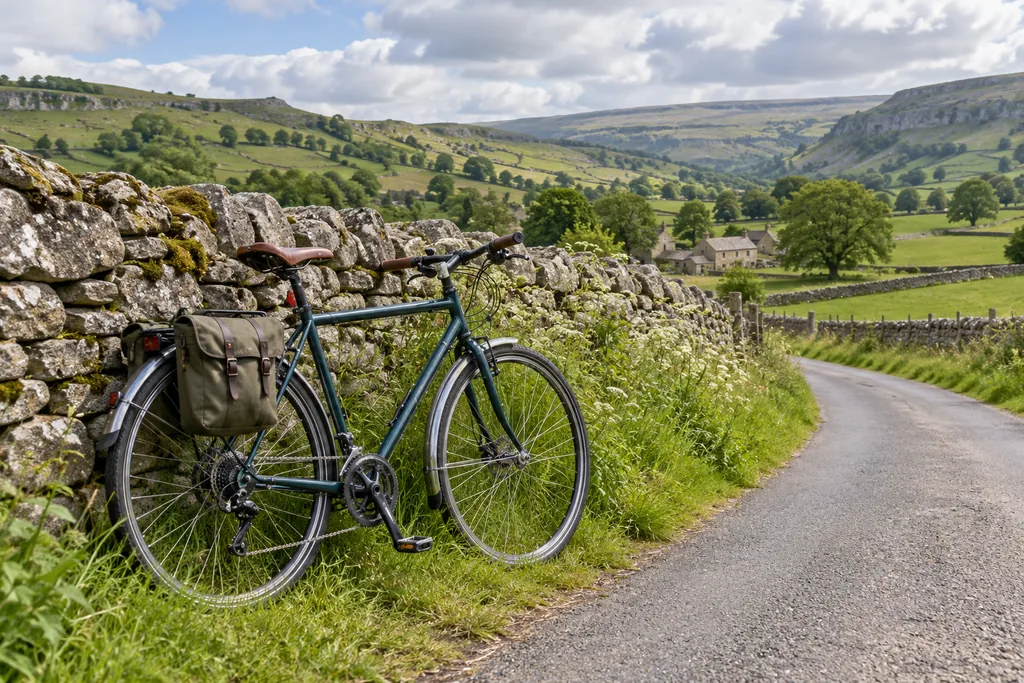 Bicycle with a pannier bag leaning against a dry stone wall beside a quiet country lane